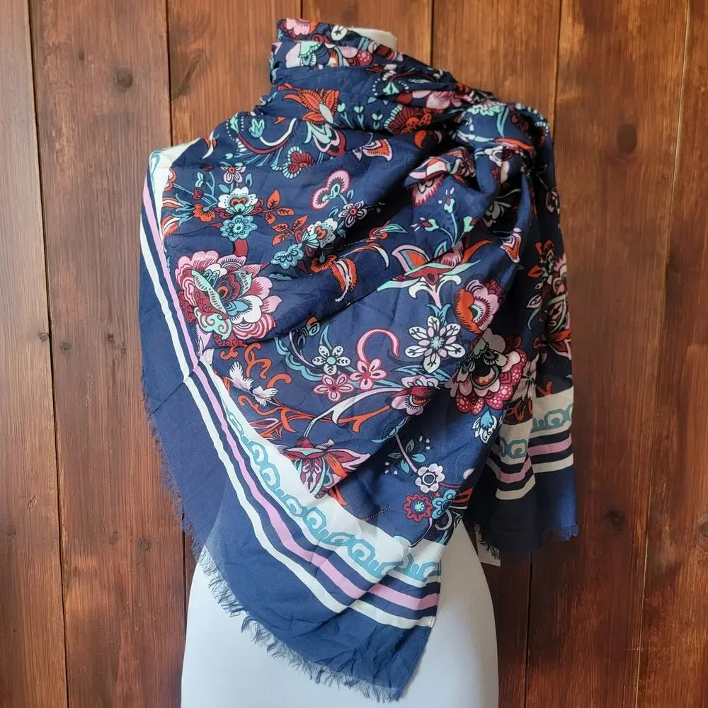 NWT Talbots Blue Floral‎ Scarf 100% Modal Pink Aqua Orange Vibrant Print Fringe